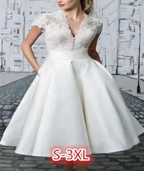 Balta paprasta Lace V-kaklo, Vidutinės trukmės ir ilguoju skyriaus Formaliojo šalis suknelė Elegantiškas retro Chalatas de soiree 2021 Nauja suknelė