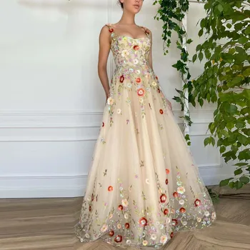 Graži Nude Spalva Žydi Gėlių Ilgai Moterų Maxi Suknelės, Šaliai, Sodo Gėlių-line Prom Chalatai Nuotakos Suknelė