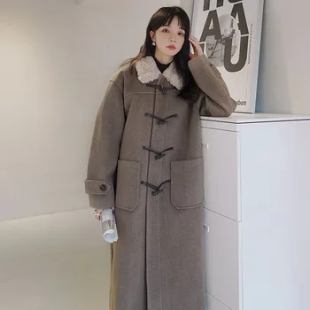 Korėjos FshionWomen Vilnos, Kailio, Rago Mygtuką Prarasti Storas Ilgas Striukes Temperamentas Ėriukų Vilnos Apykaklės Outwear Paltai Naujas Vestes