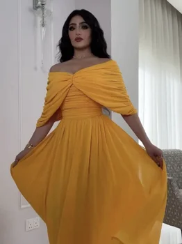 Marokas Šalis Suknelė Moterims, Elegantiškas Vientisa Spalva Geltona Ilgai Vestidos Sexy V Kaklo Prom Šifono Suknelės Indija Longue Vestidos Largos